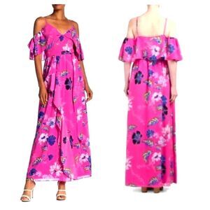 RACHEL ROY Maxi Dress Cold Shoulder Floral Flowy Ruffle Slit Tie-Waist Pink 6